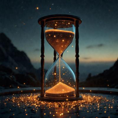 The primary subject of the image is a large, lit-up sand timer. The setting is a dark, nighttime environment, with a mountain visible in the background. The visual style is a combination of photo and digital art, creating a unique and captivating scene. The colors and mood of the image are predominantly dark, with the lit-up sand timer serving as a focal point and source of light in the otherwise dark and mysterious atmosphere.
